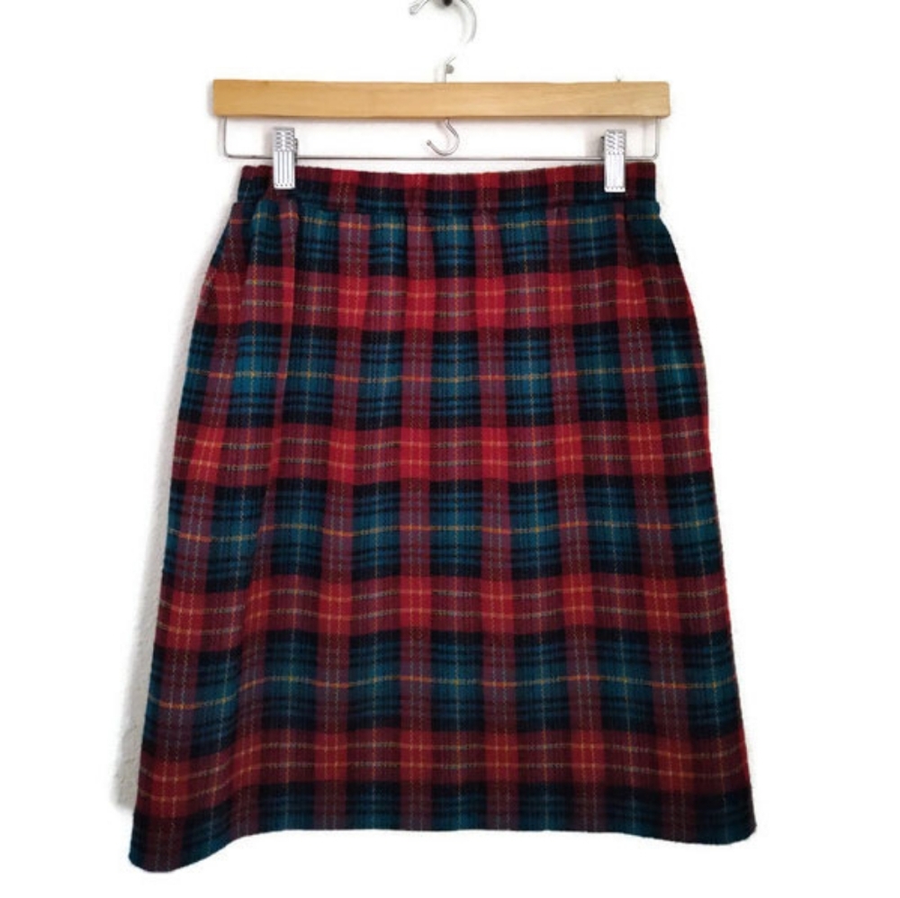 Vintage Graff Plaid Red Turquoise And Black Elastic Waist Skirt Size 10 - Picture 1 of 5